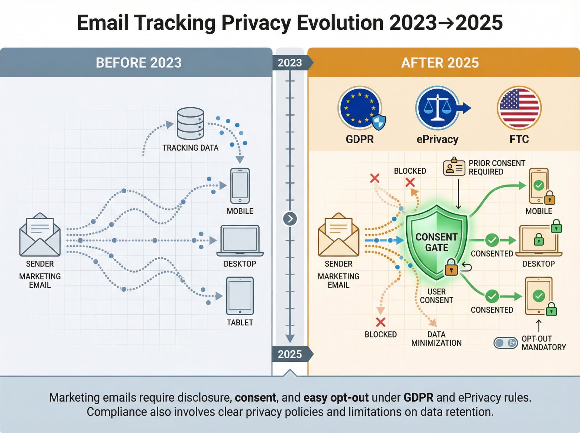 Before/after comparison showing email tracking regulation evolution from 2023 to 2025 with consent requirements