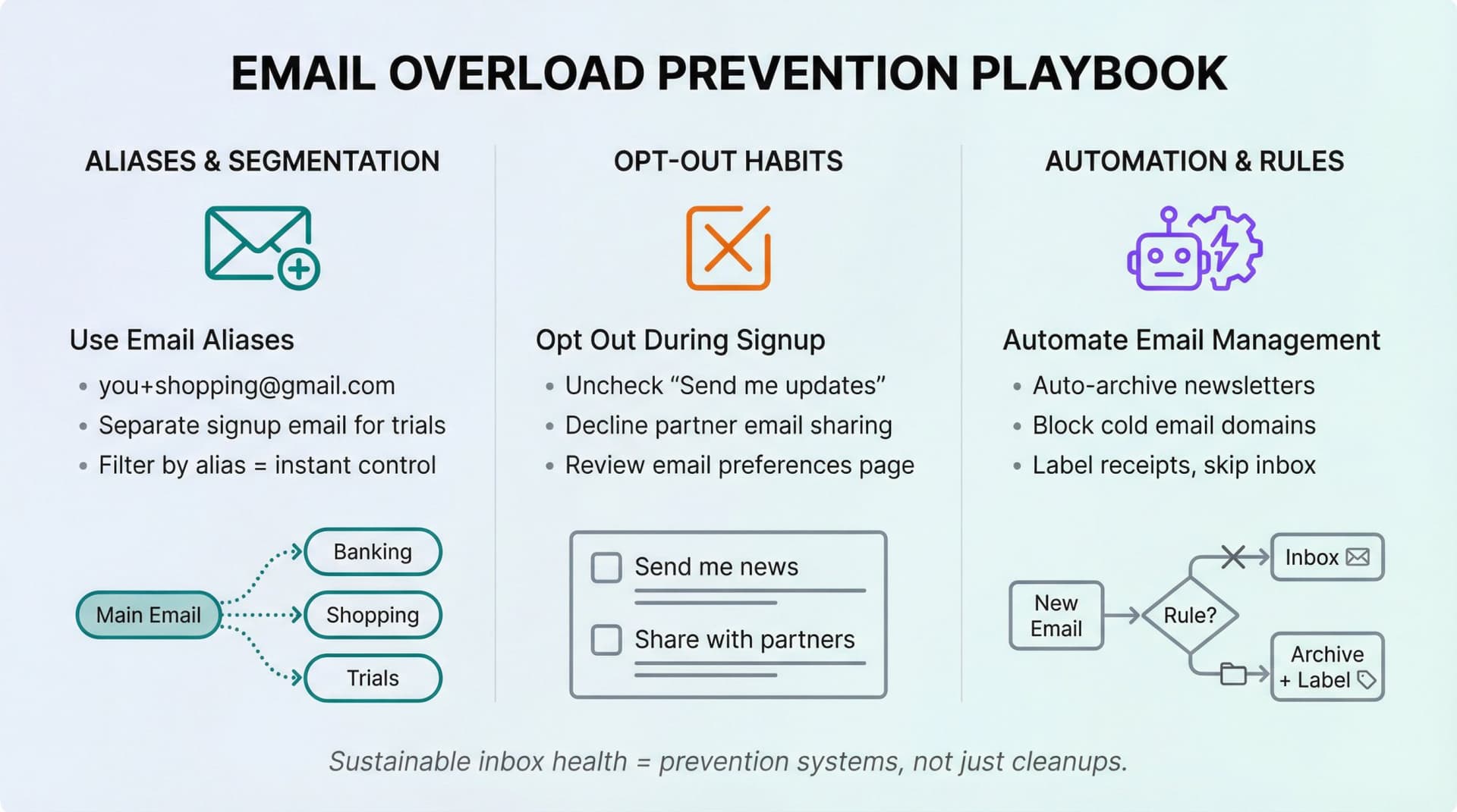 Three-pillar prevention strategy infographic showing email aliases, opt-out habits, and automation as interconnected defenses against inbox overload