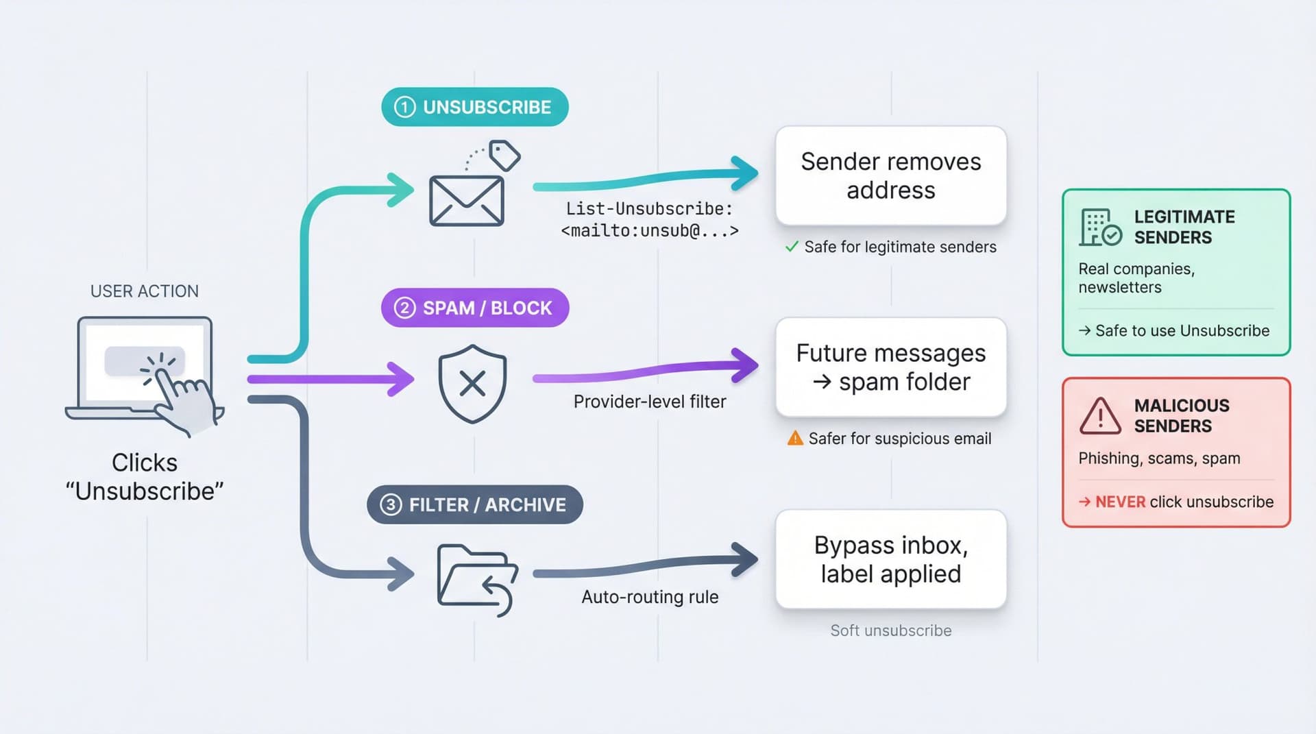 Technical diagram showing three email control pathways: unsubscribe via List-Unsubscribe header, spam blocking, and filtering