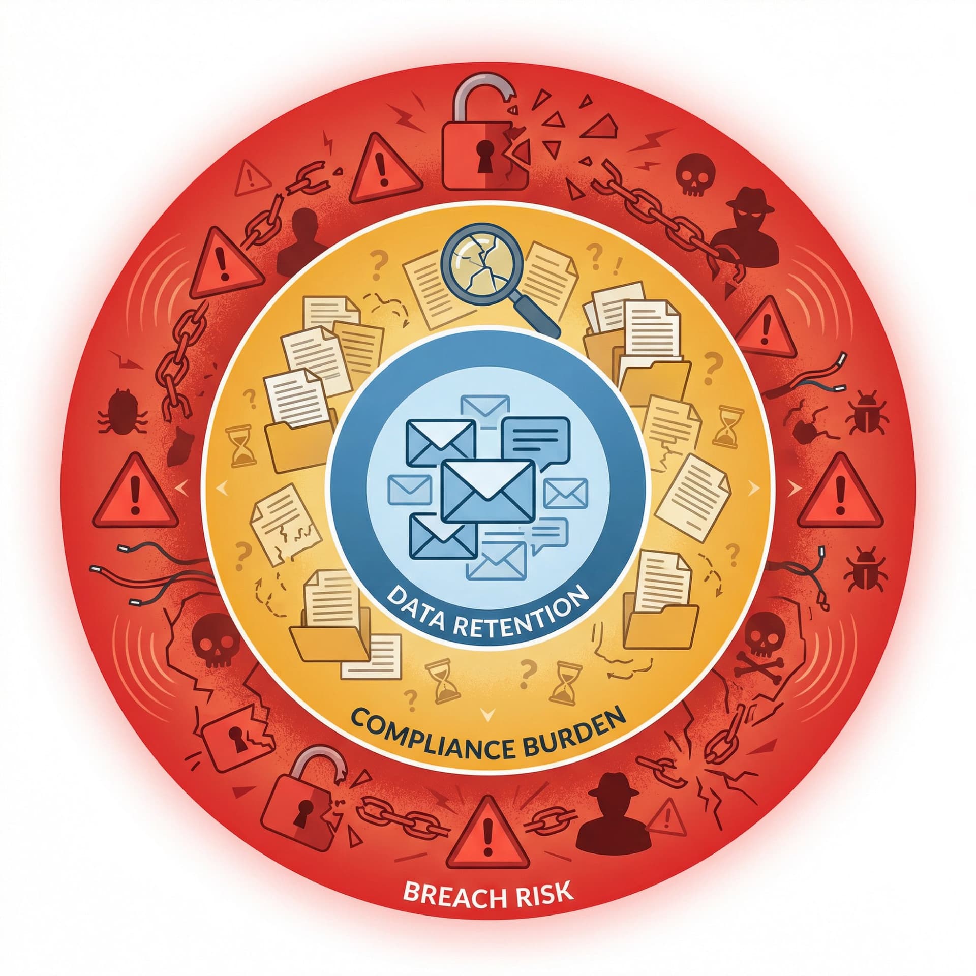 Concentric circles visualization showing how email over-retention escalates from data accumulation at the center through compliance burden to security breach risk at the edges, with color progression from blue to red