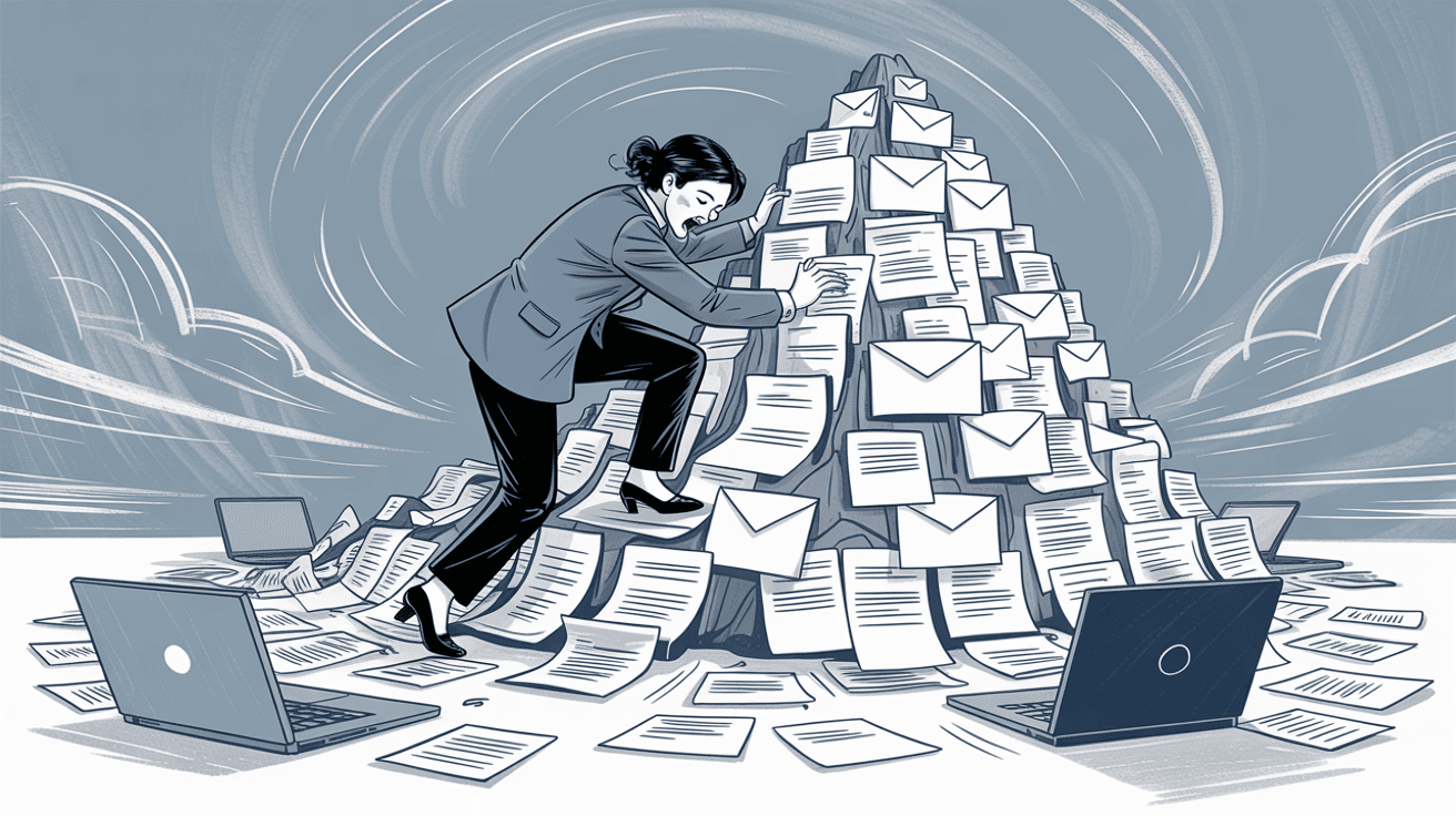 Person overwhelmed by mountain of papers and emails representing email chaos and inbox overload